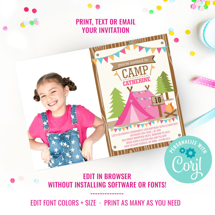 Backyard Camping Party Invitation for a Girl