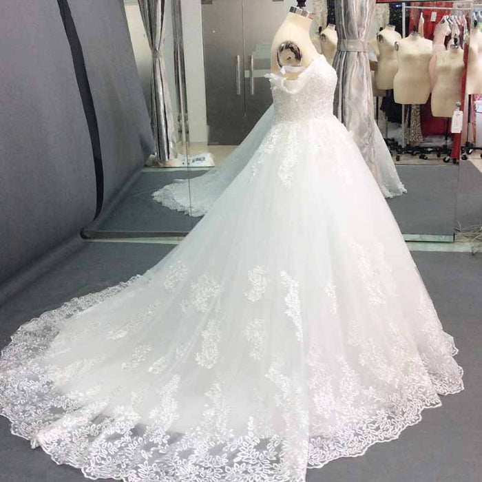 Ball Gown Off-the-Shoulder Sleeveless Sweep/Brush Train Lace Tulle Wedding Dresses