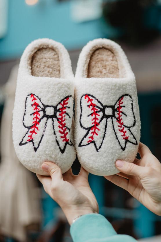 Baseball Bow Fuzzy Slippers // SHIPS IN 1-2 WEEKS