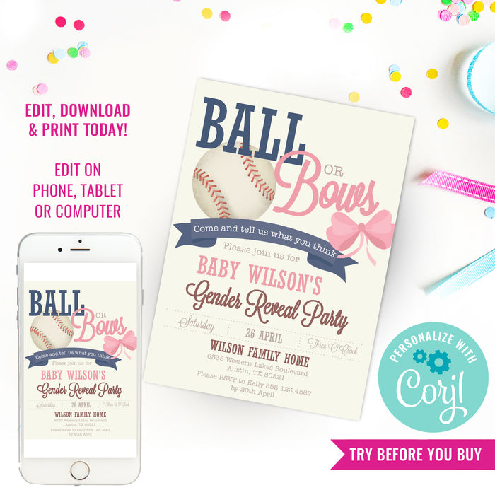 Baseball or Bows Gender Reveal Party Invitation