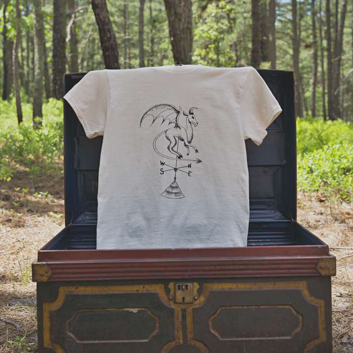 Batsto (Jersey Devil) T-Shirt in cream displayed on Cryptid treasure chest