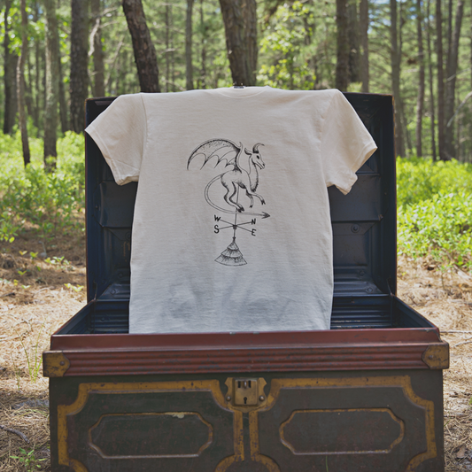 Batsto (Jersey Devil) T-Shirt in cream displayed on Cryptid treasure chest