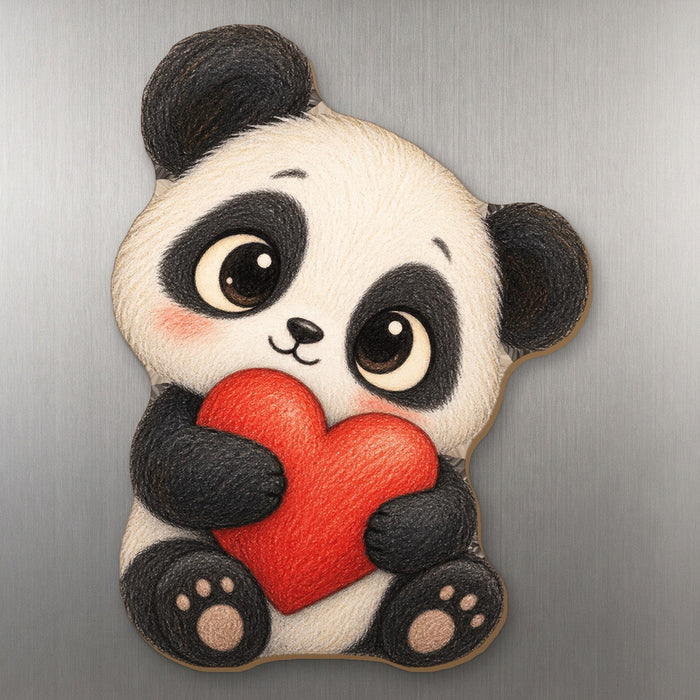 Bear Hug Panda wood magnet M219 on a stainless steel fridge, made in USA