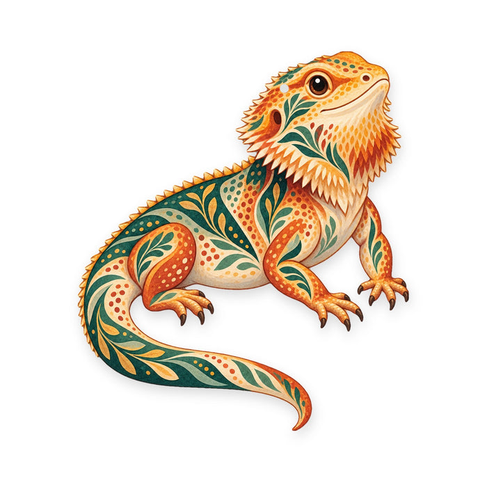Bearded Dragon folk art ornament O531 on white, laser-cut maple wood, made in USA
