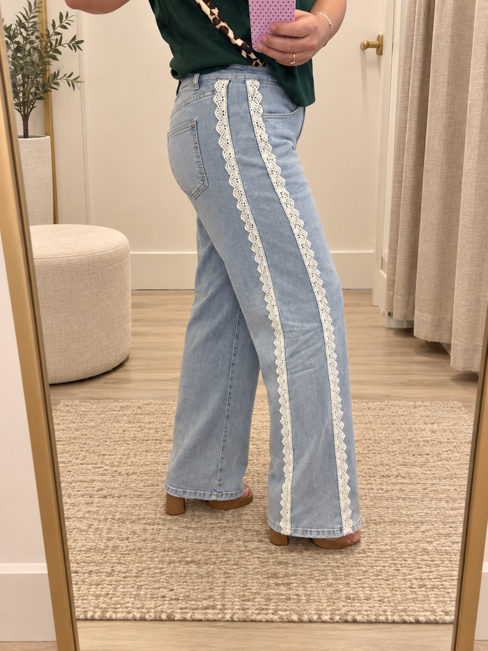 Beau Blue Lace Trim Casual Full-Length Regular Fit Jeans