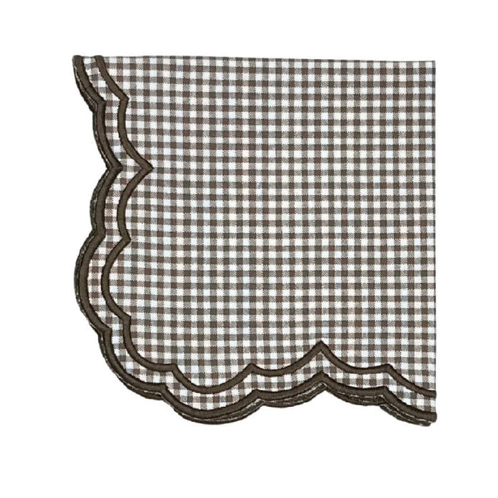 Bettina Cocoa Gingham Embroidered Napkins — Cocoa Gingham napkin corner with scalloped embroidery; Flying Sheep Country