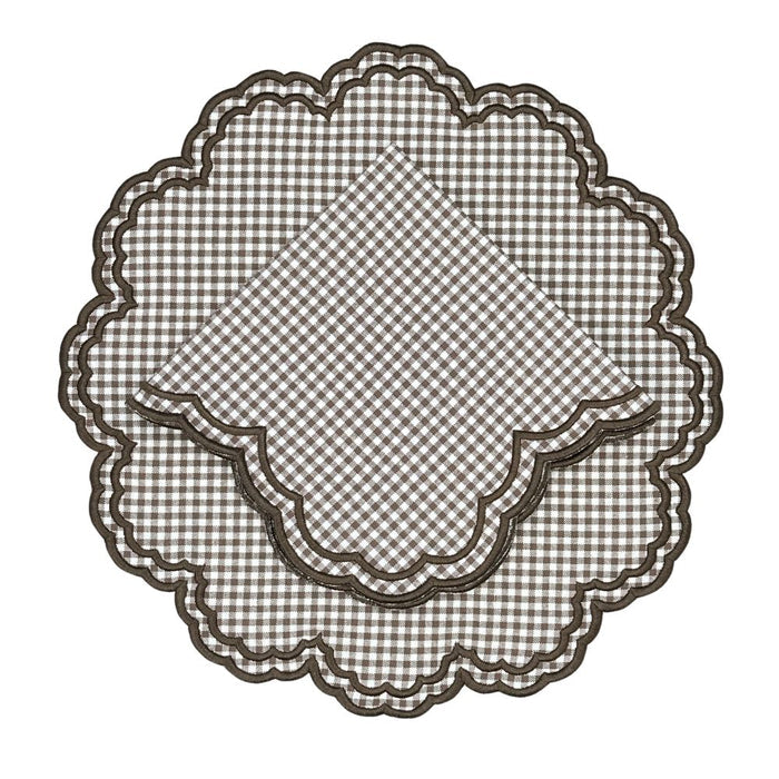 Bettina Cocoa Gingham Embroidered Napkins — folded Cocoa Gingham napkin with coordinating round placemat; Flying Sheep Country