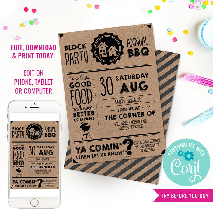 Block Party BBQ Kraft Invitation