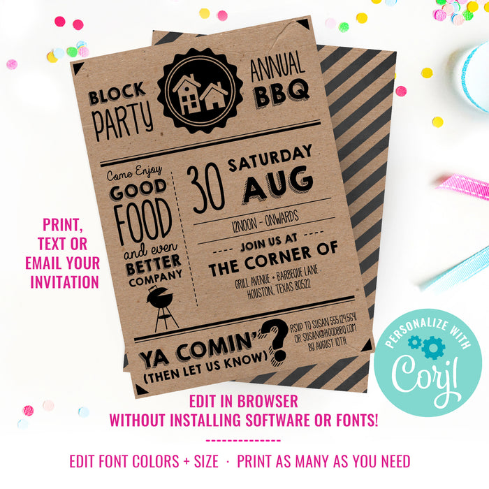 Neighborhood Party BBQ Kraft Invitation