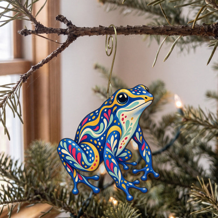 Laser-cut maple wood Blue Poison Dart Frog folk art ornament O533 hanging on a fir branch, made in USA
