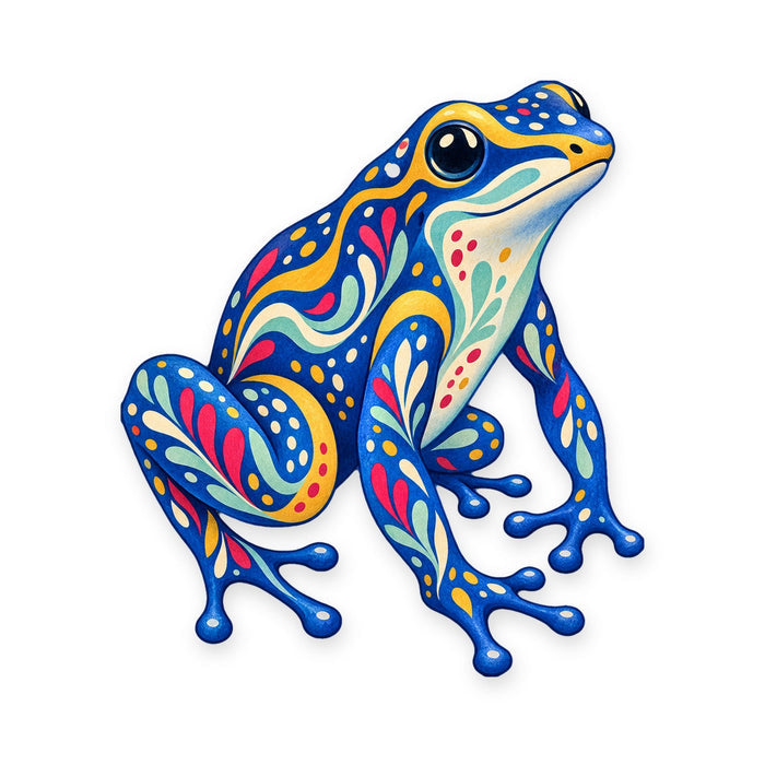 Blue Poison Dart Frog folk art ornament O533 on white, laser-cut maple wood, made in USA