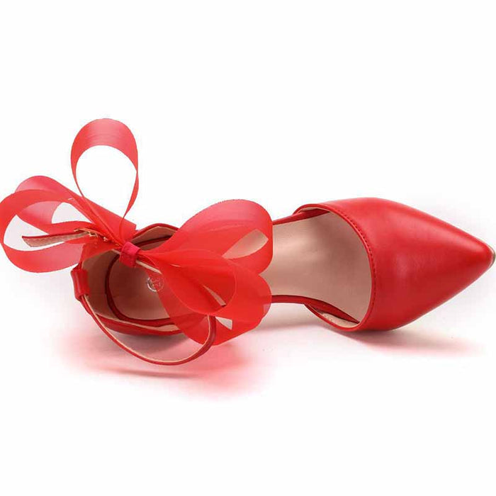 bridal closed toe high heel sandals in red with a stylish bow detail