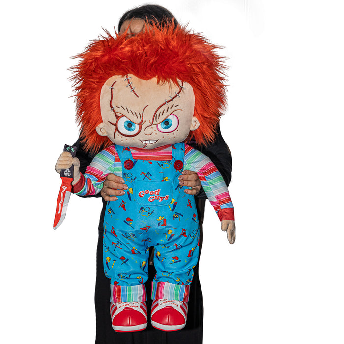 Life-size Bride of Chucky Evil Chucky plush doll, 30 inches tall, featuring detailed stitching and classic horror character design.