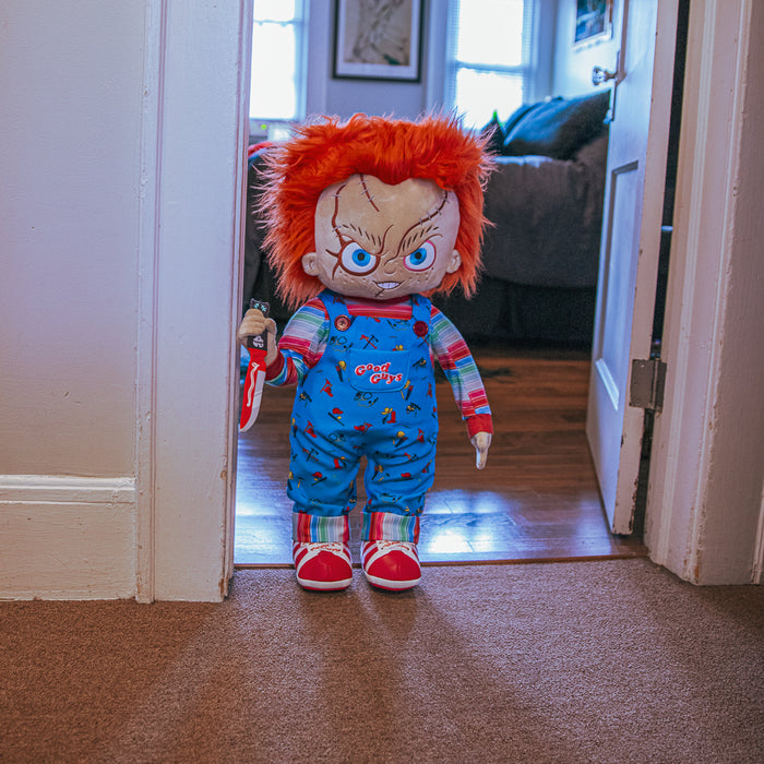 Life-size plush of Evil Chucky from Bride of Chucky, a 30-inch soft toy featuring detailed doll features by Chucky.