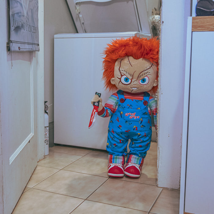 Life-size plush of Evil Chucky from Bride of Chucky, 30-inch plush doll by Chucky featuring detailed horror character design.