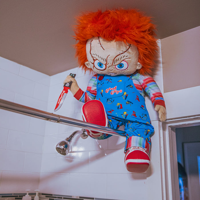 Life-size Evil Chucky plush from Bride of Chucky, 30-inch plush doll featuring detailed horror character design.