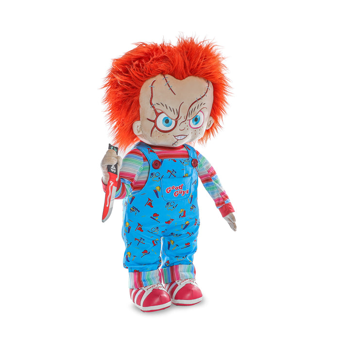 Life-size Evil Chucky plush from Bride of Chucky, 30-inch soft stuffed doll featuring detailed horror character design.