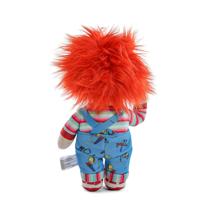 Bride of Chucky Evil Chucky plush toy standing in box, soft stuffed figure from the Chucky horror movie series.