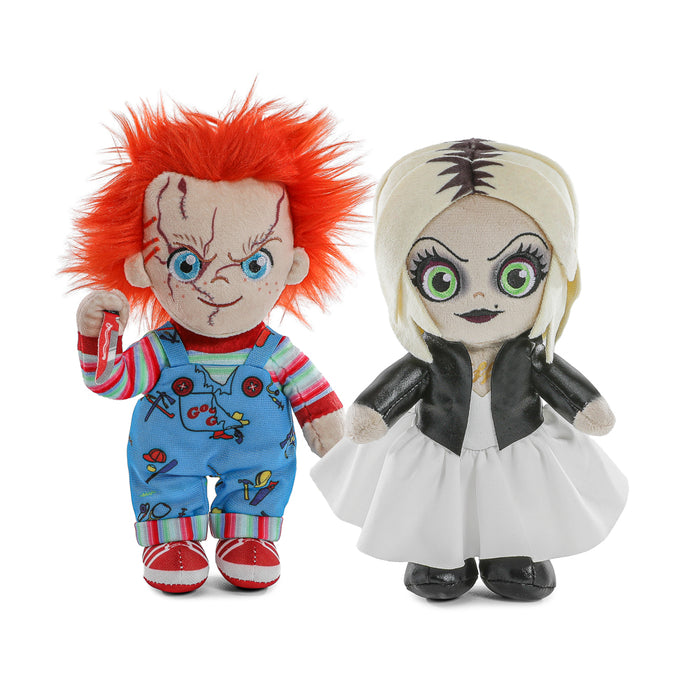 Bride of Chucky plush 2-pack featuring Evil Chucky and Tiffany standing in box, collectible soft toys by Chucky.