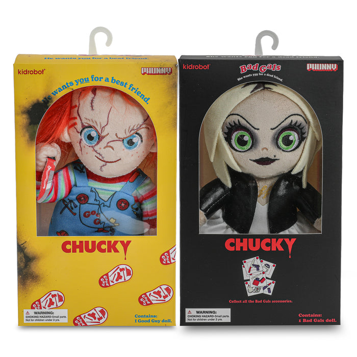 Bride of Chucky plush 2-pack featuring Evil Chucky and Tiffany characters from the Chucky horror movie, standing in box.