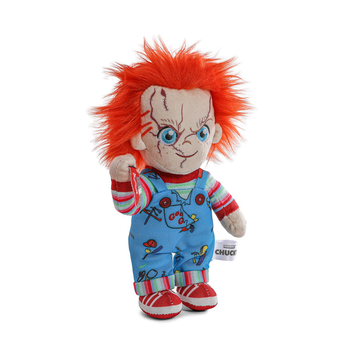 Bride of Chucky Evil Chucky Phunny plush standing in box, soft horror-themed plush toy from Chucky series.