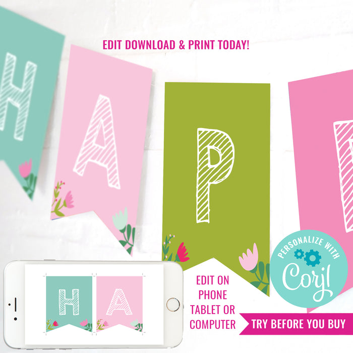 Bunny Birthday Party Birthday Banner | Floral Bunny Rabbit Party Happy Birthday Banner