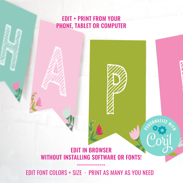 Bunny Birthday Party Birthday Banner | Floral Bunny Rabbit Party Happy Birthday Banner