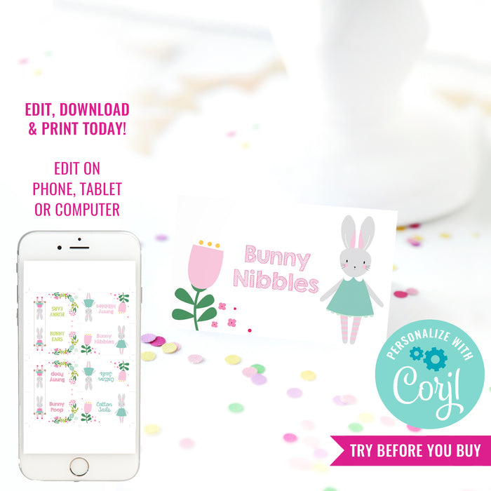 Bunny Birthday Party Food Labels | Floral Bunny Rabbit Party Buffet Tent Cards