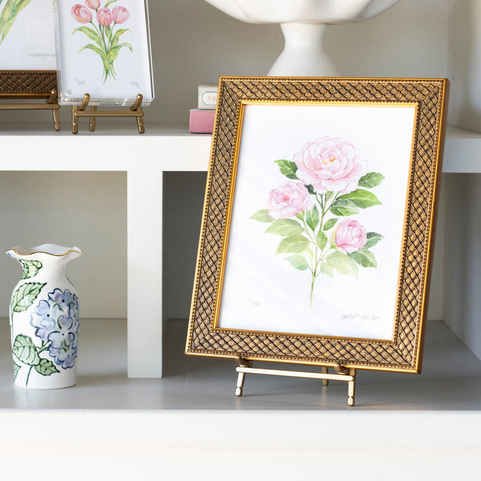Camellia Archival Art Print — framed Camellia study on a separate display stand beside other decor; Susan Gordon