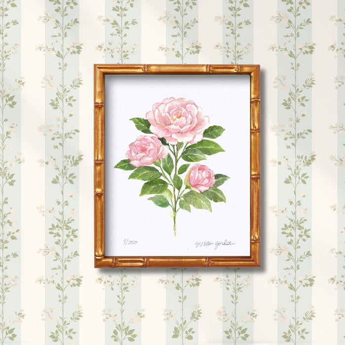 Camellia Archival Art Print — Bamboo-style framed Camellia study against floral wallpaper; Susan Gordon