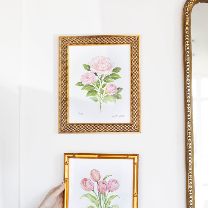 Camellia Archival Art Print — Trellis-framed Camellia print above a separately sold Tulip print; Susan Gordon