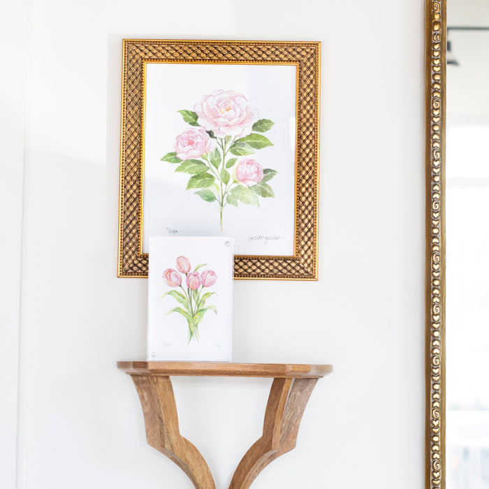 Camellia Archival Art Print — Camellia print on a wall shelf beside separate artwork; Susan Gordon