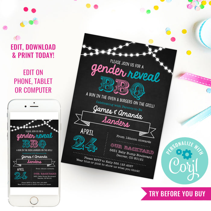 Chalkboard BBQ Gender Reveal Party Invitation