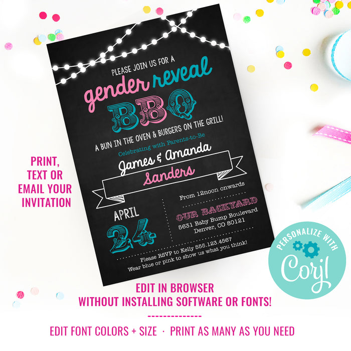 Chalkboard BBQ Gender Reveal Party Invitation