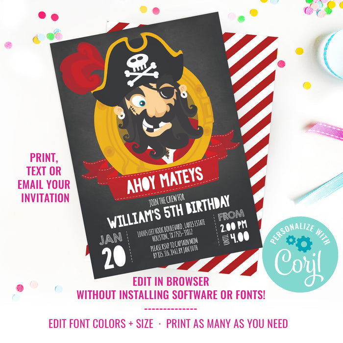 Chalkboard Pirate Birthday Party Invitation for a Boy