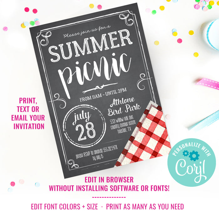 Chalkboard Summer Picnic Invitation Red Picnic Blanket