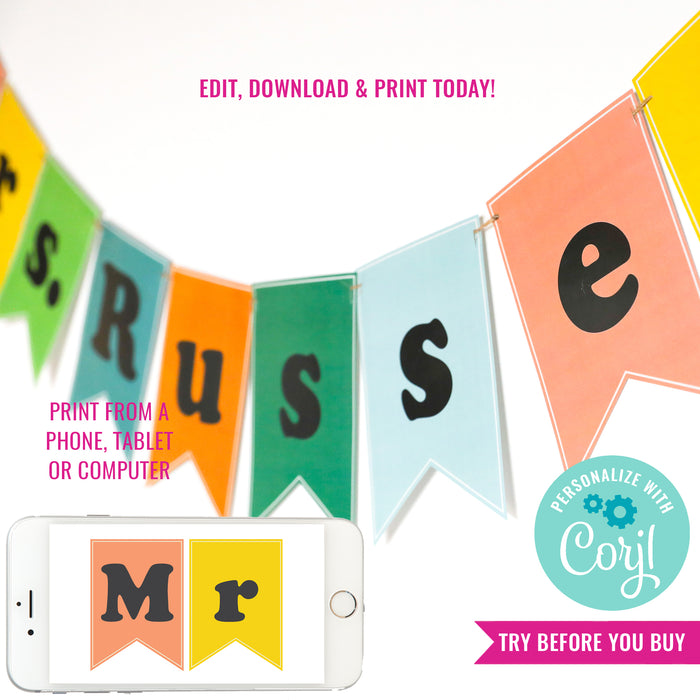 Classroom Teacher Name Banner | Editable Classroom Banner | Printable Back To School Decor For Teachers