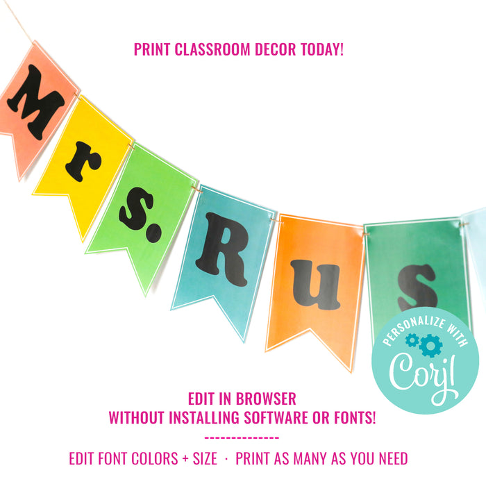 Classroom Teacher Name Banner | Editable Classroom Banner | Printable Back To School Decor For Teachers
