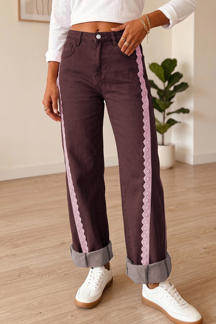 Coffee Lace Trim Casual Full-Length Regular Fit Jeans — image 02