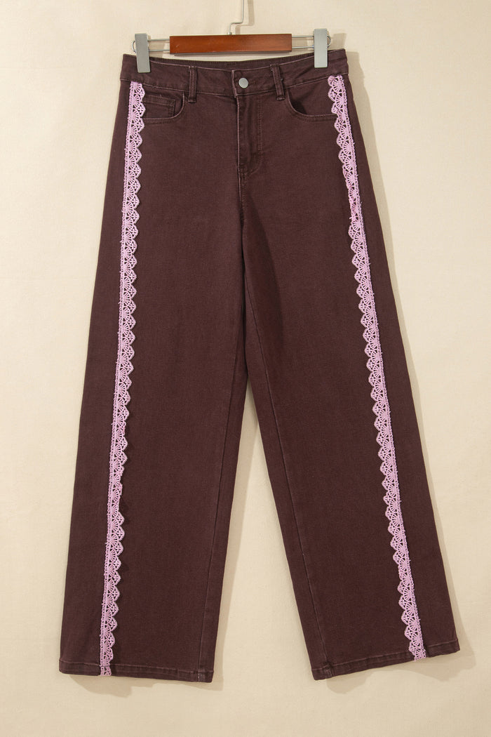 Coffee Lace Trim Casual Full-Length Regular Fit Jeans — image 04