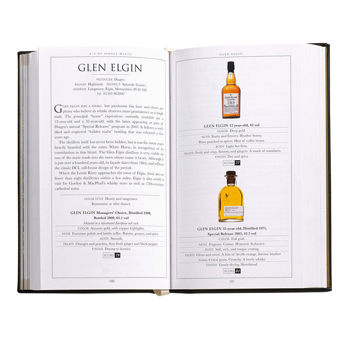 Complete Guide to Single Malt Scotch in Brown Bonded Leather — open pages showing the edition’s printed content