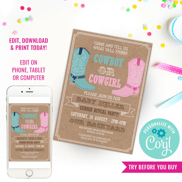 Cowboy or Cowgirl Gender Reveal Party Invitation | Pink Or Blue Gender Reveal