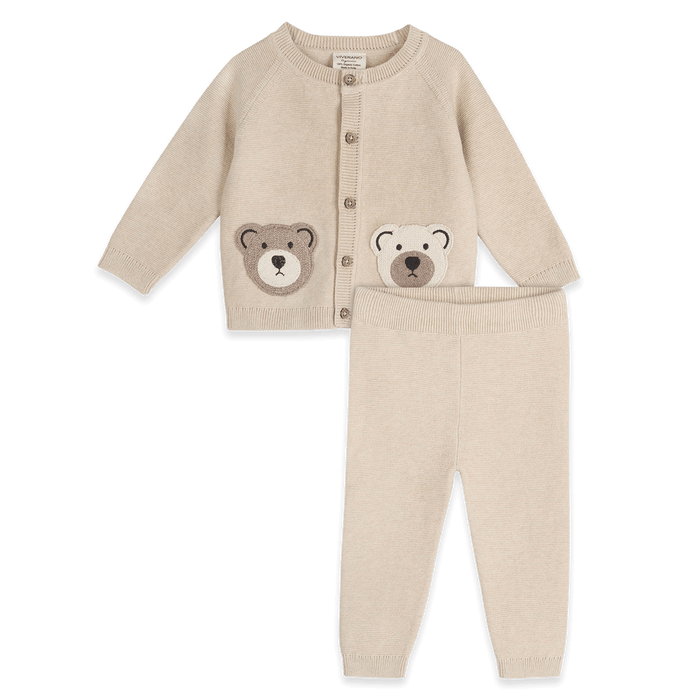 Cozy Bear Applique Knit Baby Cardigan and Pant Set, Organic Cotton