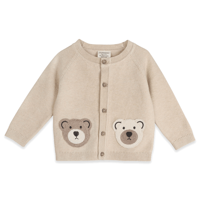 Organic Cotton Cozy Bear Applique Knit Baby Cardigan and Pant Set, Front