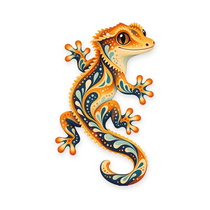 Crested Gecko folk art ornament O530 on white, laser-cut maple wood, made in USA