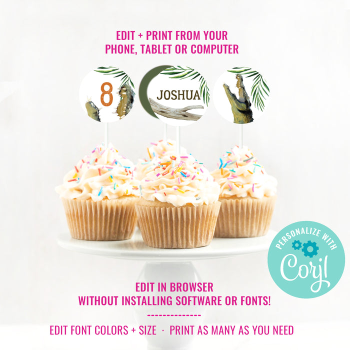 Alligator Birthday Party Cupcake Toppers