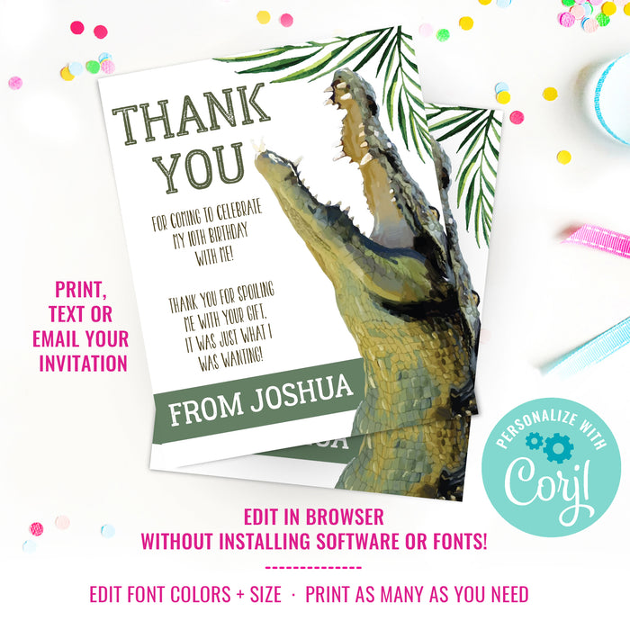 Crocodile Party Thank You Cards | Alligator Party Thank you Note