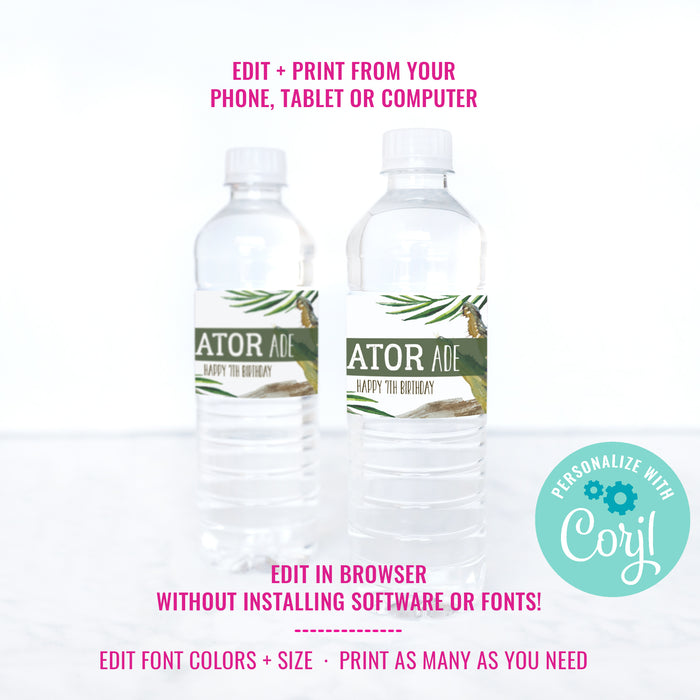 Crocodile Party Birthday Water Bottle Labels