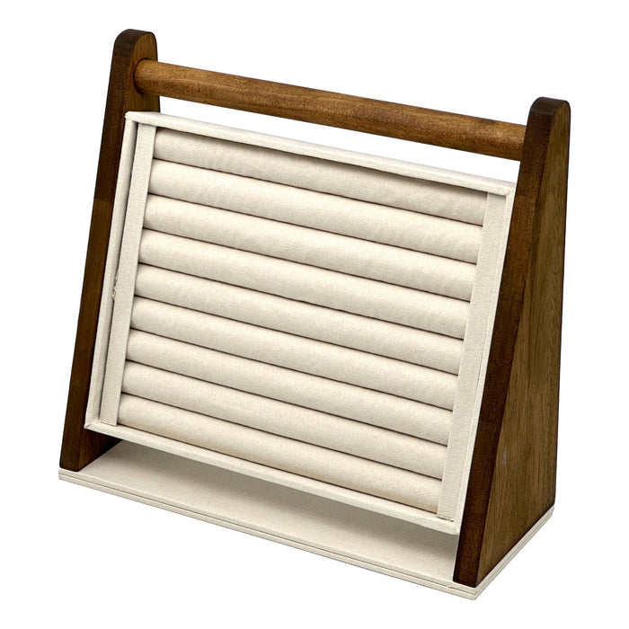 Dark Oak Wood and Cream Microfiber Ring Jewelry Display Stand