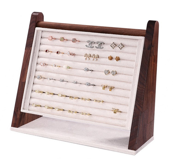 Dark Oak Wood and Cream Microfiber Ring Jewelry Display Stand